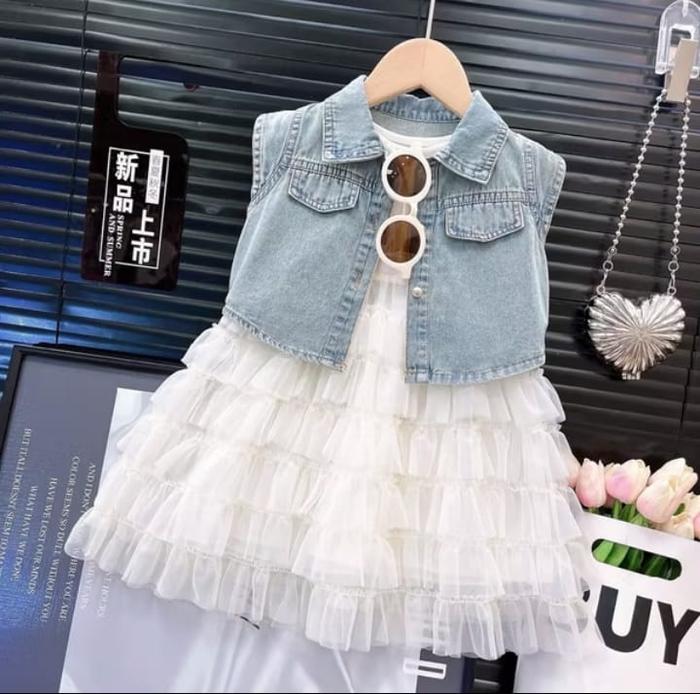 NANO 3-10 Setelan 2 in 1 Outer denim dress tutu layer Dress pesta Anak Perempuan Dress Putih Ruffle 