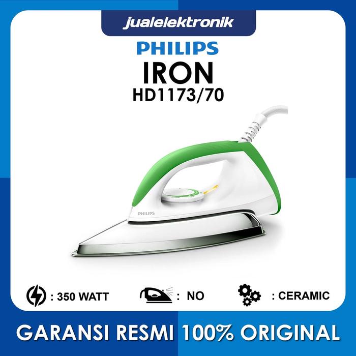 Setrika Kering Philips HD1173|70 Hijau, Keramik Anti-Lengket, Gosokan Baju