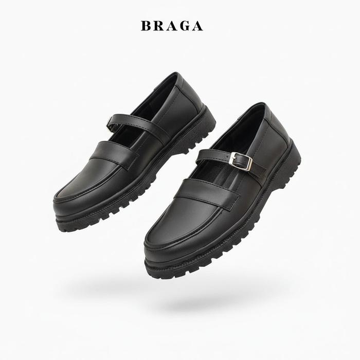 Braga Azumi B 3541 Sepatu Wanita Loafers Mary Janes Kantor Kerja Kuliah Sekolah Guru Hitam Kulit Sin