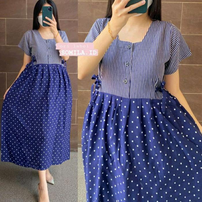 Daster Chibi Rayon Salur Polkadot Busui - Daster Kerut - Daster Serut - Baju Tidur Wanita Dress Bumi