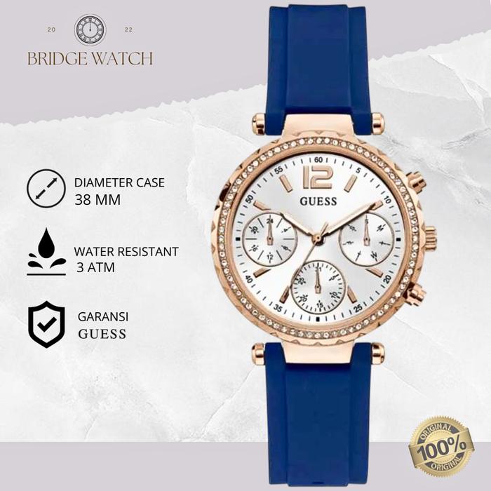 Jam Tangan Wanita Guess Analog GW0113L3 Chronograph Blue Rubber Rosegold Case Mewah Casual Original