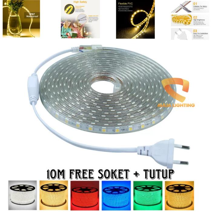 LAMPU LED STRIP 220V SELANG 5050 SOKET 10M UNGU PINK BIRU ICE MERAH MUDA 10 METER HIAS PLAFON RUMAH