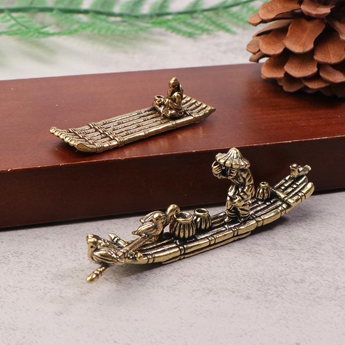 1 pc Desktop Incense Holder Sculpture Brass Ornament Antique Bamboo Raft Fishing Boat Fisherman Art 