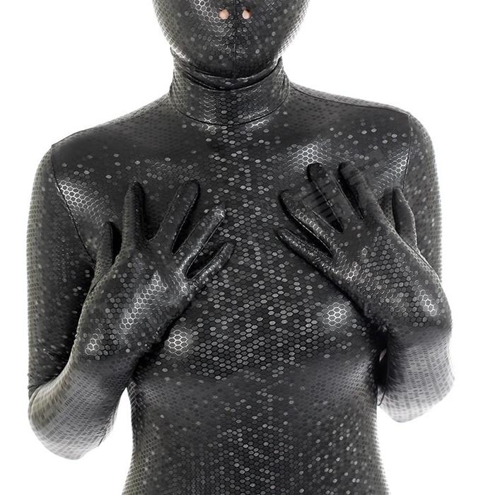 Zentai Full Body Hitam dengan Desain Hexagon yang Menarik
