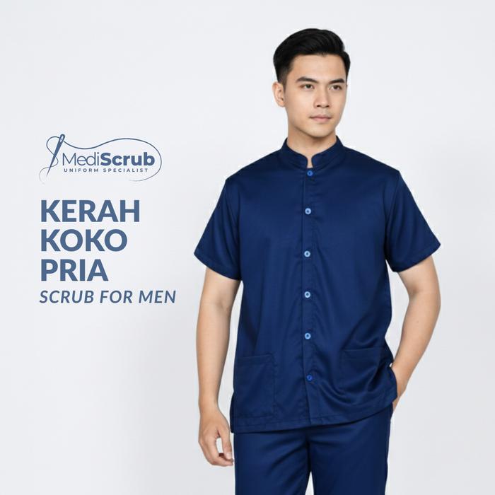 MediScrub - Setelan Baju Scrub Pria Kerah Koko / Kerah Shanghai Full Kancing Lengan Pendek