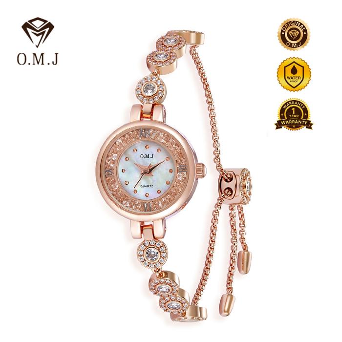 OMJ Jam Tangan Serut Wanita Berlian Rose Gold Gelang Strap Dapat Disesuaikan Sendiri Korea Trend