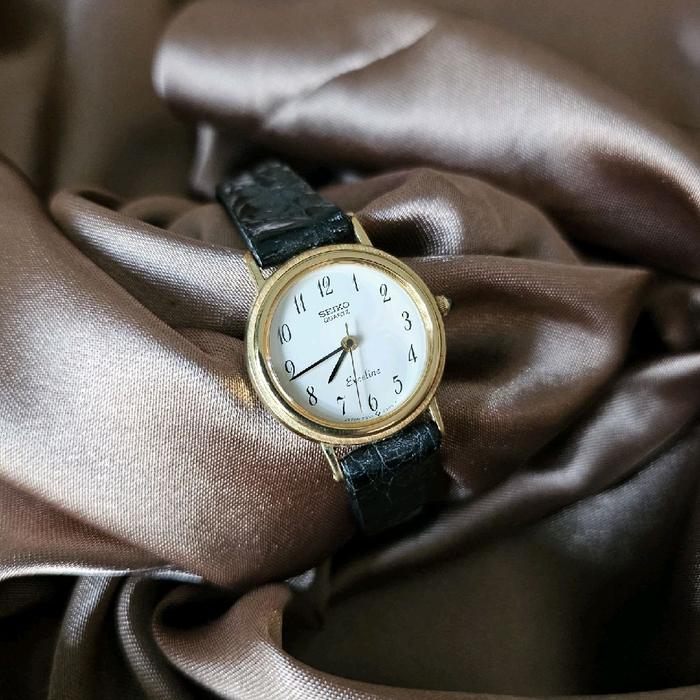 SEIKO EXCELINE BREGUET INDEX GOLD BEZEL WHITE DIAL QUARTZ PREMIUM LEATHER GELANG JDM ORIGINAL LADIES