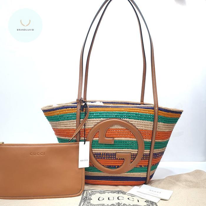 GUCCI SUMMER TOTE STRIPE ROUND INTERLOCKING G TOTE BAG MULTICOLOR  WITH POUCH WRISLET LEATHER