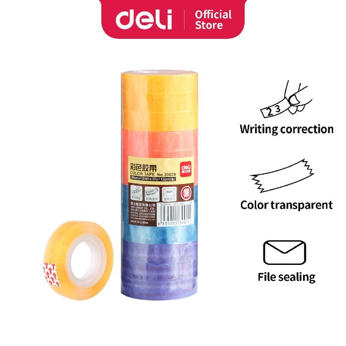 Deli Isolasi Lakban Kantor 12pcs/tube - Warna Warni 12mm 30yard 30024