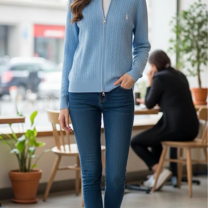 Ralph Lauren Gaogao Atasan Knit Wanita Impor dengan Zipper Rajut Tebal Nyaman untuk Sehari-hari