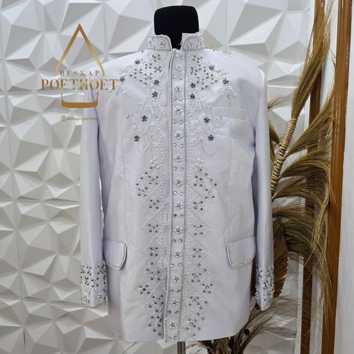 Jas Basofi pengantin Sunda muslim akad nikah pesta putih payet premium bahan woll Pria Dewasa Celana