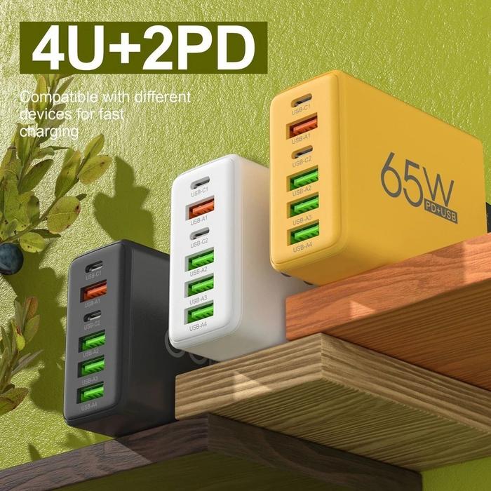 Batok Charger 65w Fast Charging 4 Port Usb A + 2 Port PD Charge Fast Charging
