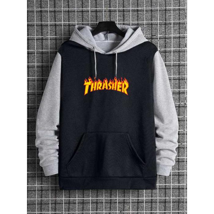 Sweater Hoodie Jumper Distro Hitam Abu lokal tebal Pria Thrasher / Hoodie Cowok Keren Premium Gratis