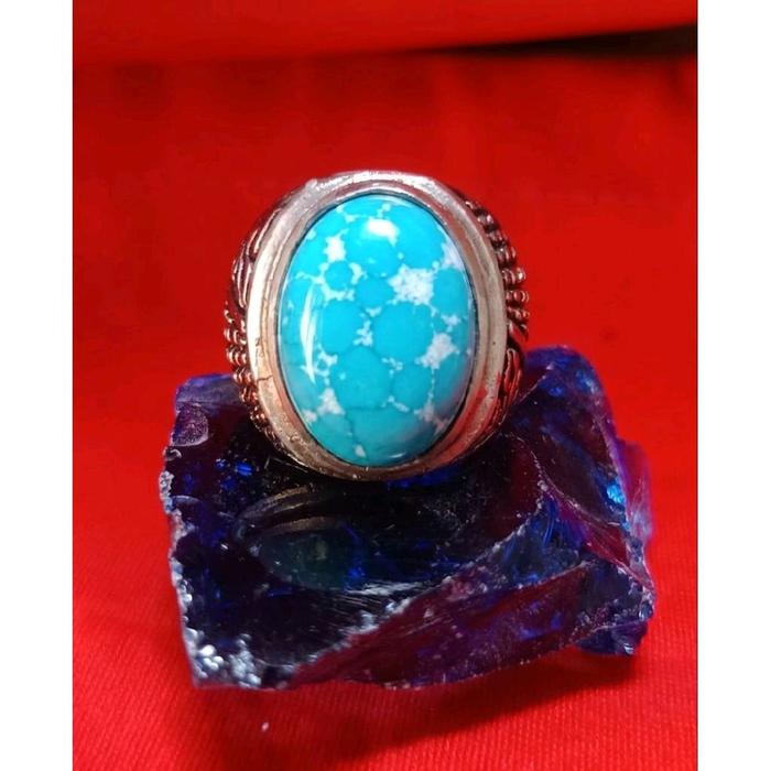 Cincin batu akik pirus mesir biru serat perak 18x13 mm ring ALPAKA super