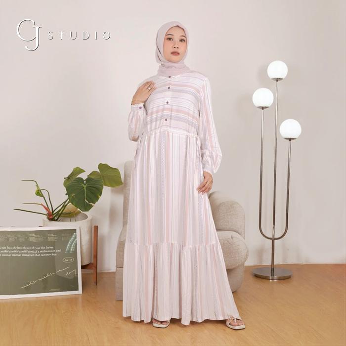 CJ Studio | Novel | Gamis Wanita Rayon Twill Salur Kanaya Ivory | Dress Wanita Lengan Panjang Motif 