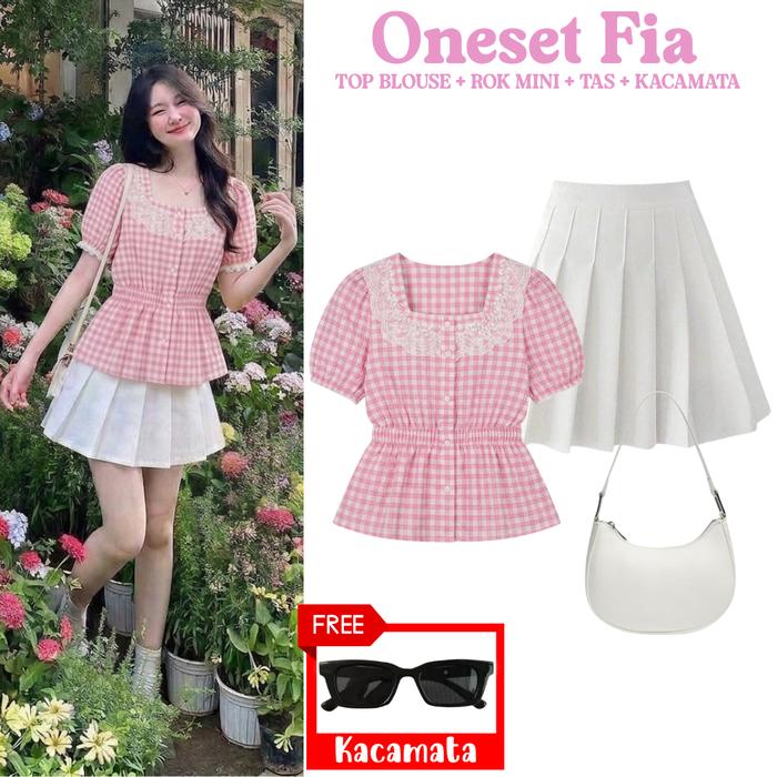 Fia Set Outfit Wanita Korean Style ( Top Blouse Kotak Rok Mini Plisket Tas Selempang ) Setelan Cewek