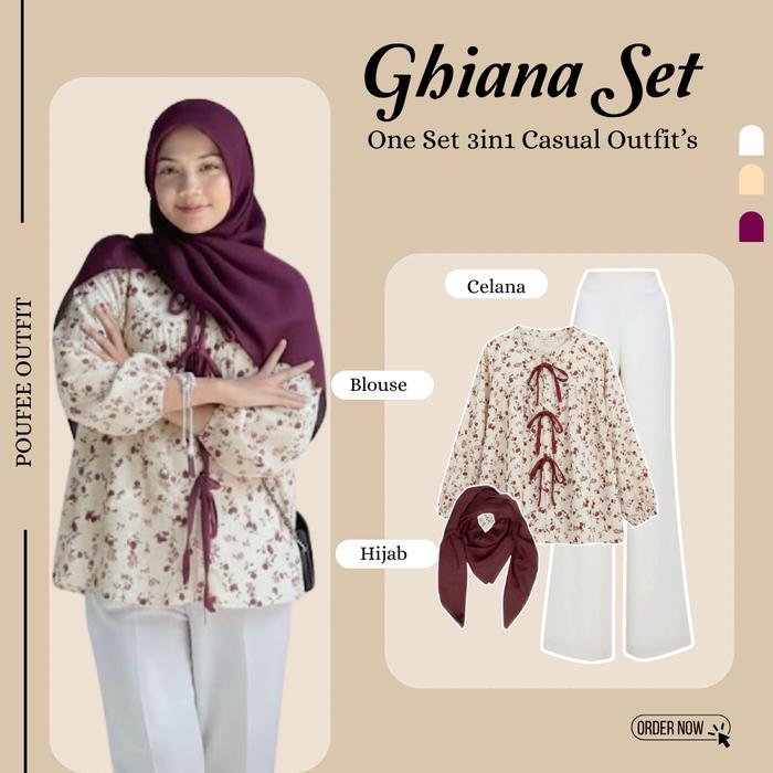 OOTD Simple 3in Ghiana Set (Celana Cutbray - Blouse - Hijab) Outfit Ngampus Simple | Fashion Wanita