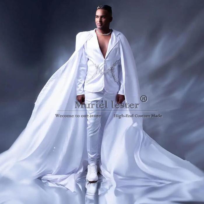 White Groom Wear Wedding Suits Jewelry Beading Prom Blazer With Cape Tailored Formal Party Suits Men