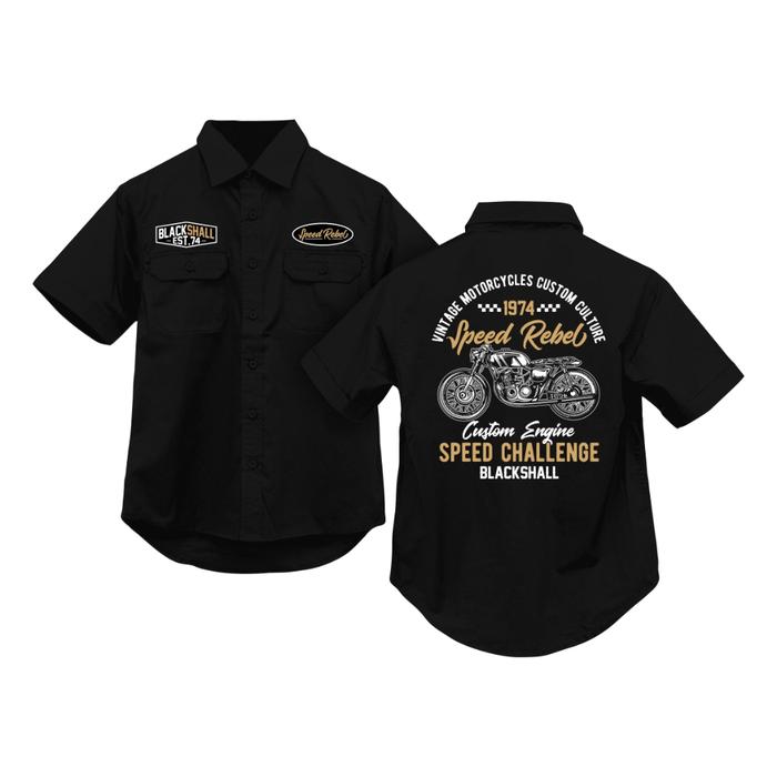 Blackshall - Baju Shirt Kemeja Pria Workshirt Lengan Pendek Warna Hitam Premium Bahan Adem & Nyaman 