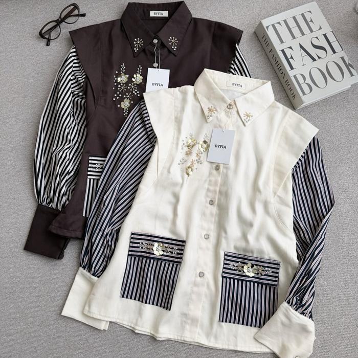 CANDY LADY Shamelia Blouse Kemeja Payet Motif Garis-garis Bestseller Baju Katun  Wanita Dewasa Panja