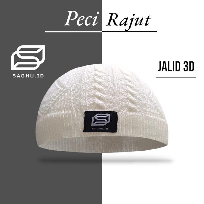 Peci Jalid3D Rajut Handmade Tebal Beanie Pria Dewasa Saghu.Id Muslim Kopiah Songkok Motif Hitam Katu