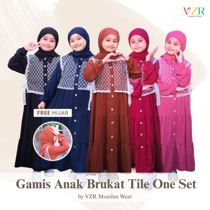 VZR Moeslim Wear Gamis Anak Brukat Tile One Set Baju Crinkle Premium Lebaran Airflow Syari Rempel Ku