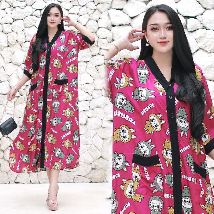 DASTER PIYAMA JUMBO LD 115 POLOS MODEL KEKINIAN TERBARU SAKU DEPAN MOTIF MACAN MOTIF BUNGA RAYON DIA