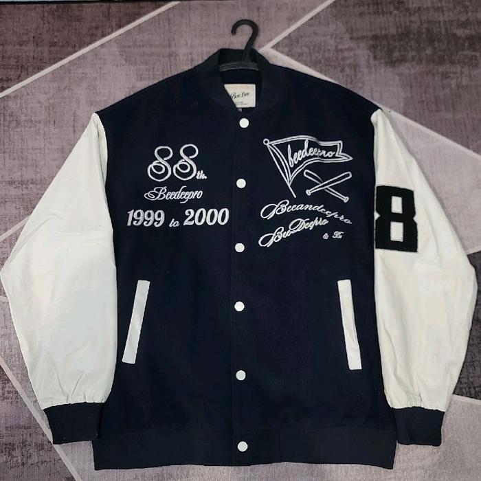 Jacket Baseball Kulit Varsity Blue Navy White Size XXL