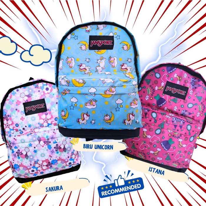 Tas Ransel Anak Perempuan Sekolah Jansport Bacpack Motif Unicorn Biru Sakura Istana Pink - Backpack,