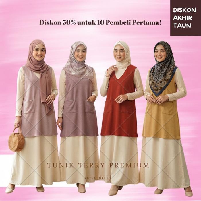 Tunik Terry Premium dengan Dua Saku di Depan untuk Wanita Muslim Remaja
