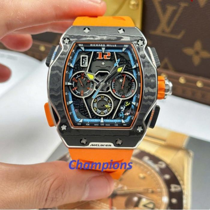 RM65-01 JAM TANGAN PRIA RM 65 MCLAREN SWISS CARBON CASE ORANGE RUBBER STRAP 44MM
