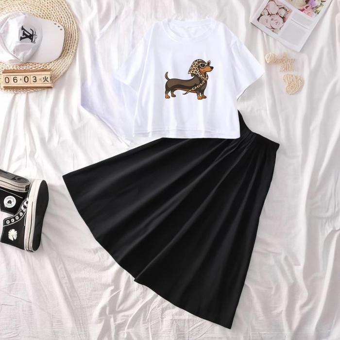 JBF One Set Baju Crop Big Size Lengan Pendek Dan Rok Panjang Leopard Pup
