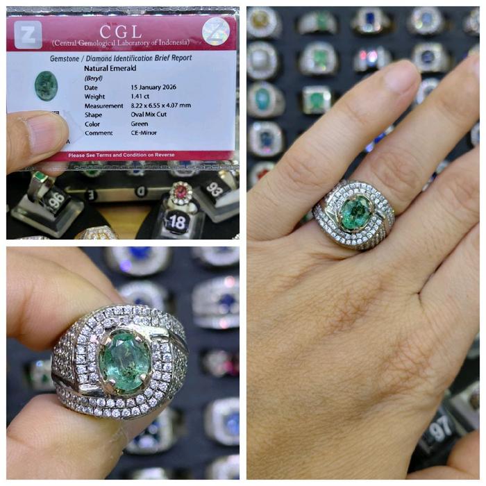 no. 172 natural emerald beryl zamrud minor memo CGL cincin perak pria silver mens ring