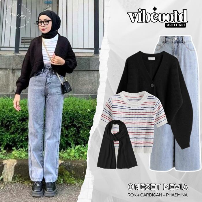 Revia Outfit Set Wanita Hijab ( Bawahan Celana Kulot Highwaist Jeans Panjang + Outer Cardigan Rajut 