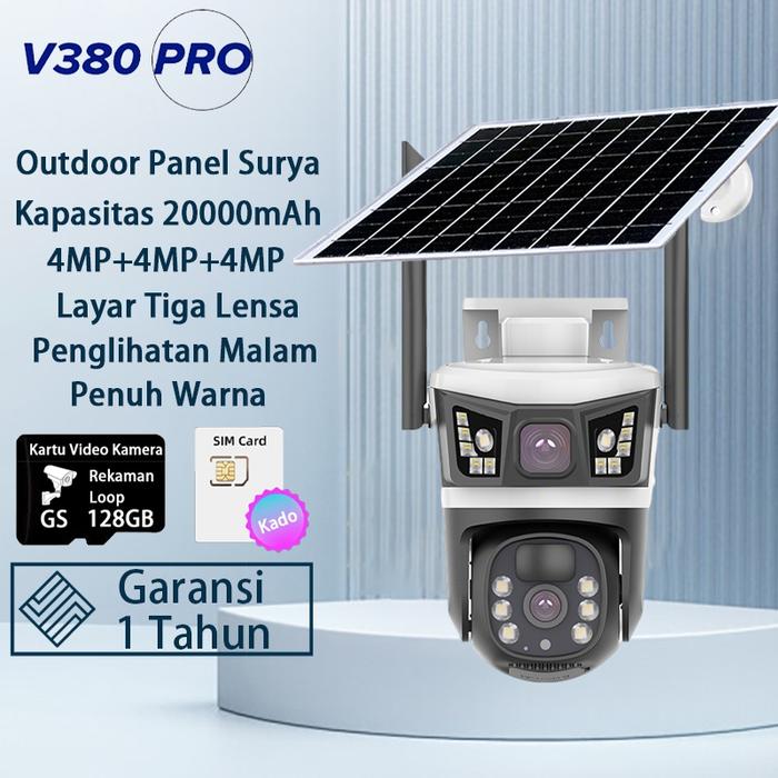 V380 Pro Zoom 10X Sejati Kamera Cctv Tenaga Surya Kapasitas Baterai 20000Mah 4G Sim Tiga Lensa Cctv