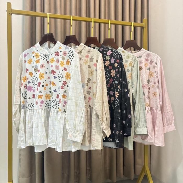 Top Viona / Blouse Peplum Motif Bunga Babydoll / Kemeja Silk Pettern Bunga