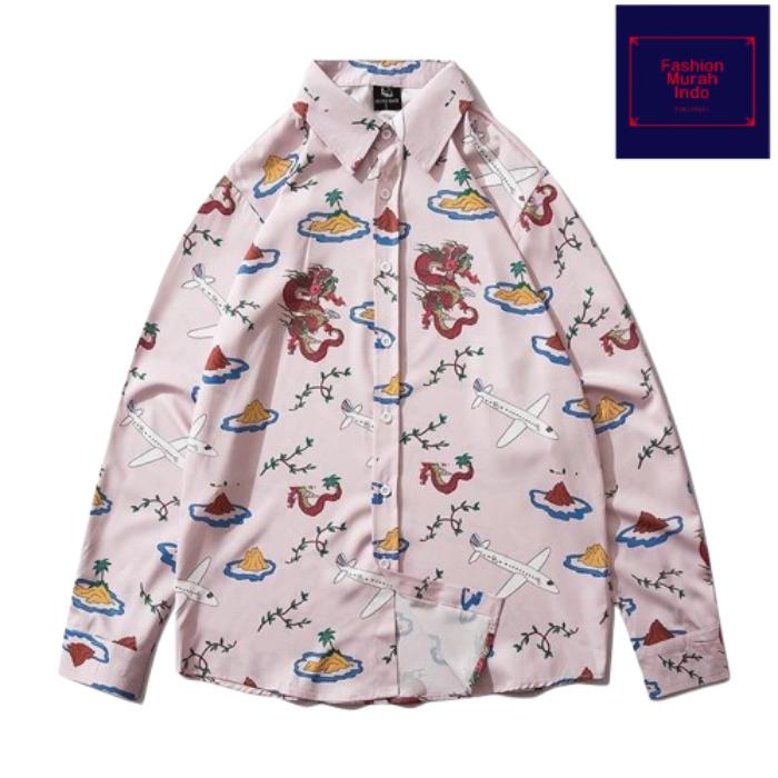 Kemeja lengan panjang unisex pria wanita retro vintage lebaran merah muda pink naga oversize cut hip
