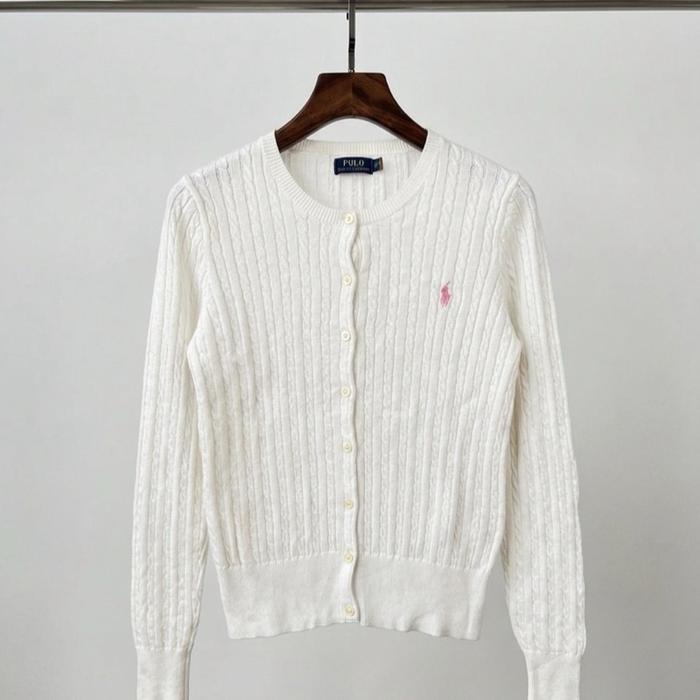 Cardigan Polo Ralph Lauren Cableknit Rajut Wanita Motif Kepang O-Neck Putih