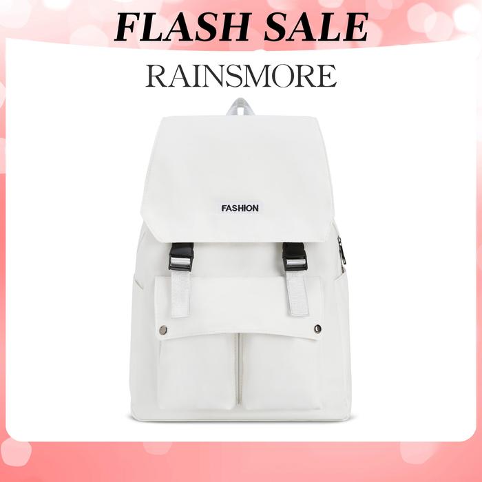 RAINSMORE Tas Ransel Wanita Model Tutup Lipat Label Brand Polos, Tas Punggung Nilon Minimalis Multis