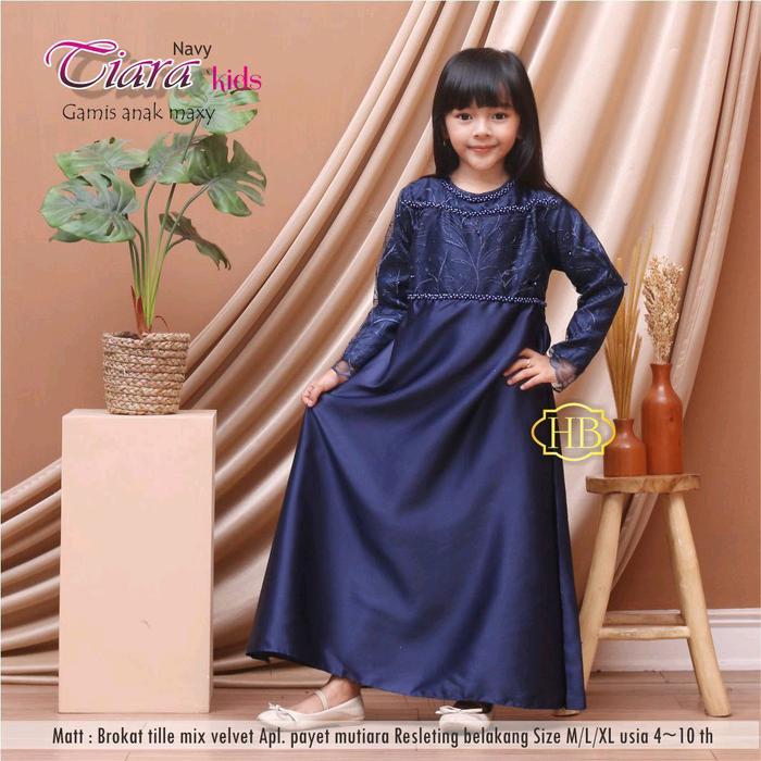 TIARA GAMIS ANAK MAXY DRESS GAUN BUSANA MUSLIM LEBARAN BROKAT BRUKAT VELVET WARNA BIRU DONGKER NAVY 