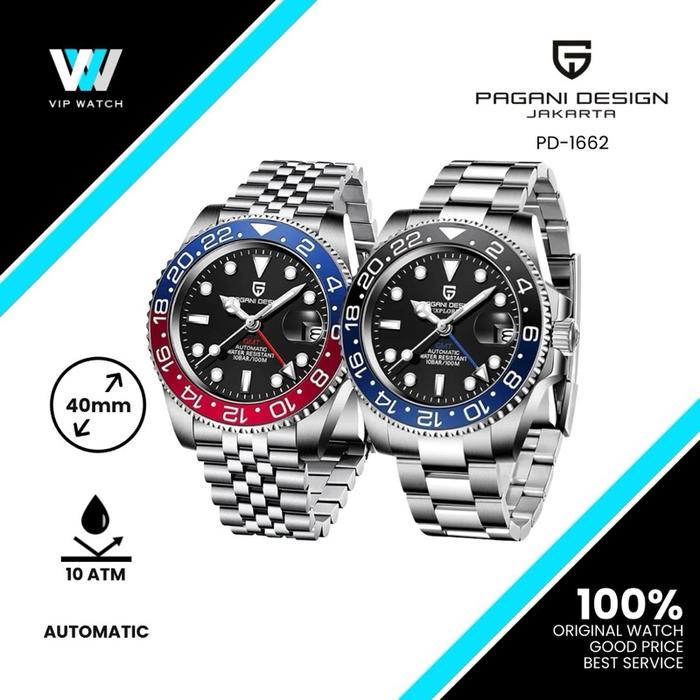 Pagani Design PD-1662 GMT Master Automatic Jam Tangan Pria dengan Tampilan Elegan dan Fungsi GMT