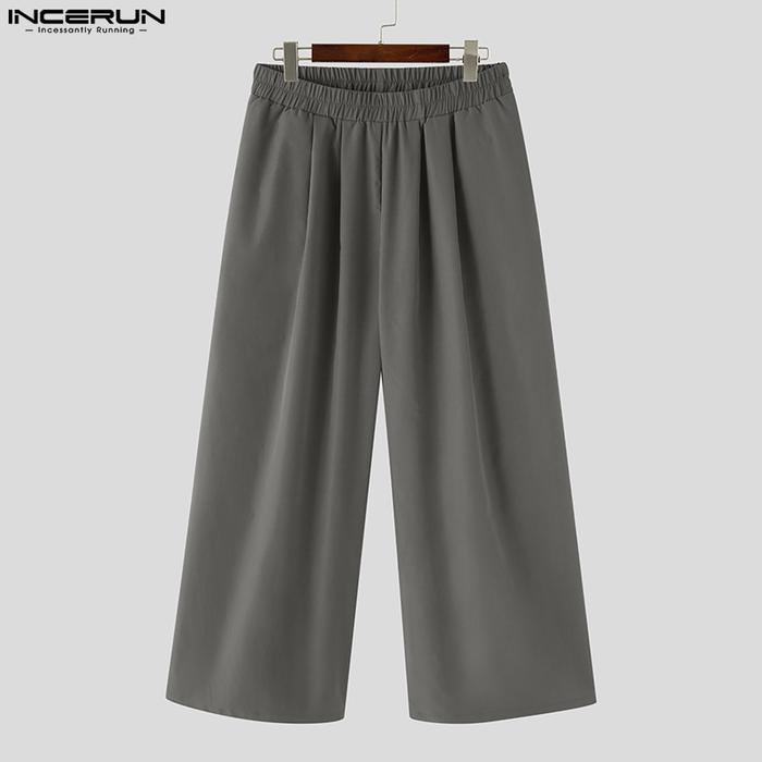 INCERUN Men Wide Leg Pants Solid Color Loose Joggers Elastic Waist Trousers Men Streetwear Vintage 2