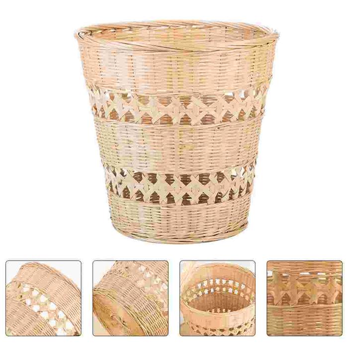 1PC Bamboo Woven Trash Can Manual Woven Wastepaper Basket Retro