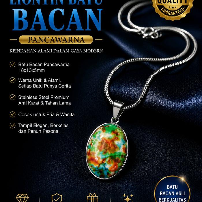 kalung stanlis 45cm liontin batu akik bacan batu cantik pancawarna 18x13mm