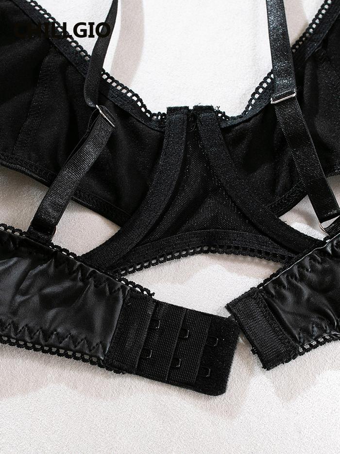 Chilio Women Y Pu Push Up Bra Brief Suits Fashion Three Pieces Basic Underwear Bodycon Hollow Faux L