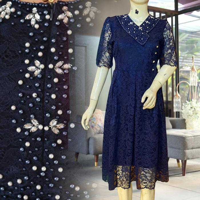 Dress Wanita Gaun Brokat Wanita Pakaian Broklat Wanita Dress Panjang Brokat Wanita Dewasa Warna Navy