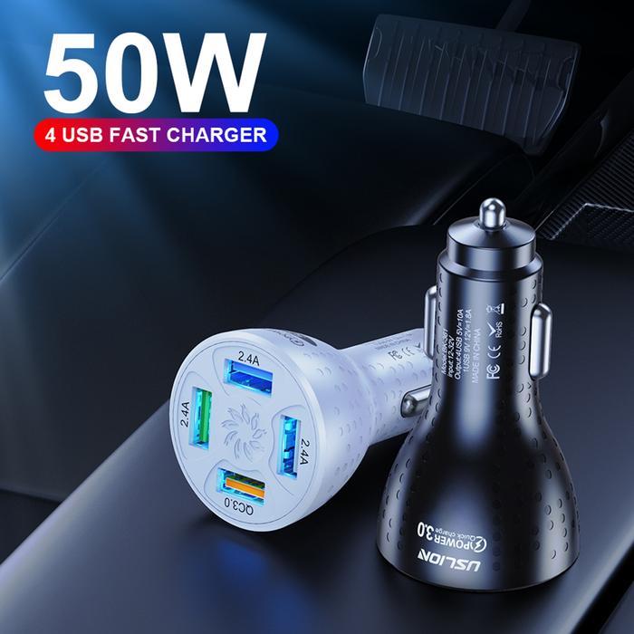 50W Fast Charger 4 Ports USB Car Charger QC3.0 4.0 Mini Fast Charging