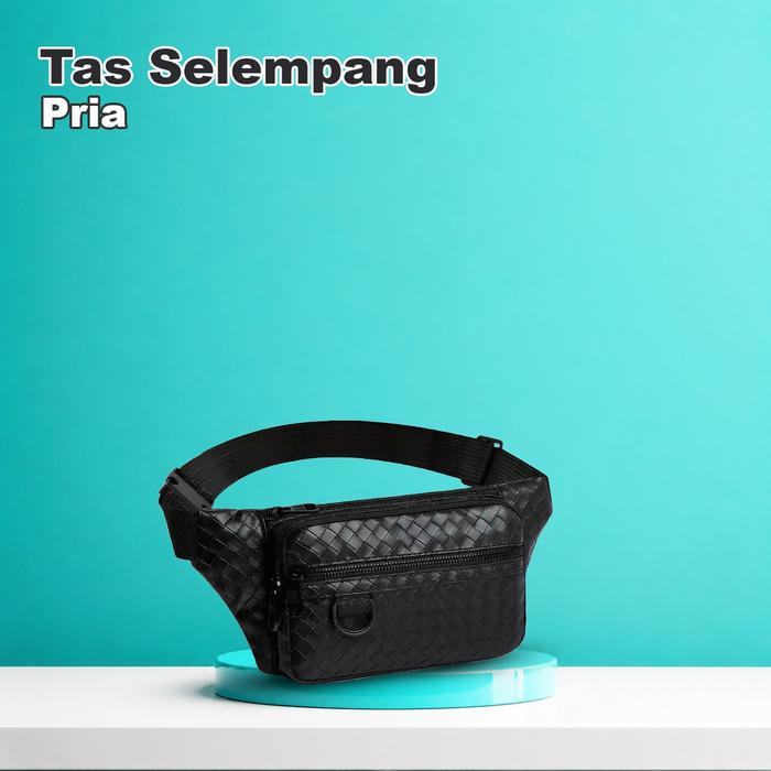 Tas Selempang Pria Motif Anyam Tas Pria Kulit PU Waistbag Waterproof Terbaru Kekinian -BK 243