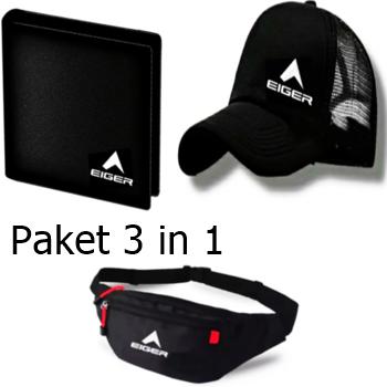 Slimbag Dompet Topi & Tas Pinggang Paket 3 in 1 untuk Gaya Kekinian Desain Eiger Hitam