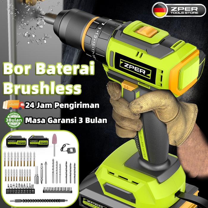ZPER Mesin Bor Baterai Motor Tanpa Sikat Bor Cordless Cas Listrik Bor Impact Multifungsi Brushless